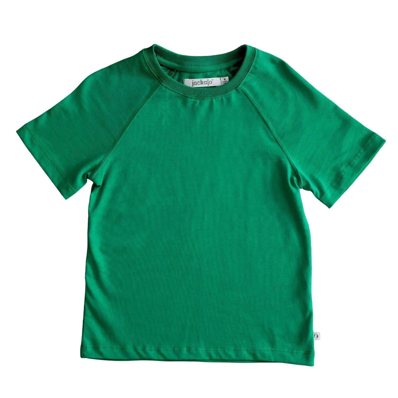 Green short-sleeve Jackalo kids t-shirt, sustainable and comfortable clothing.