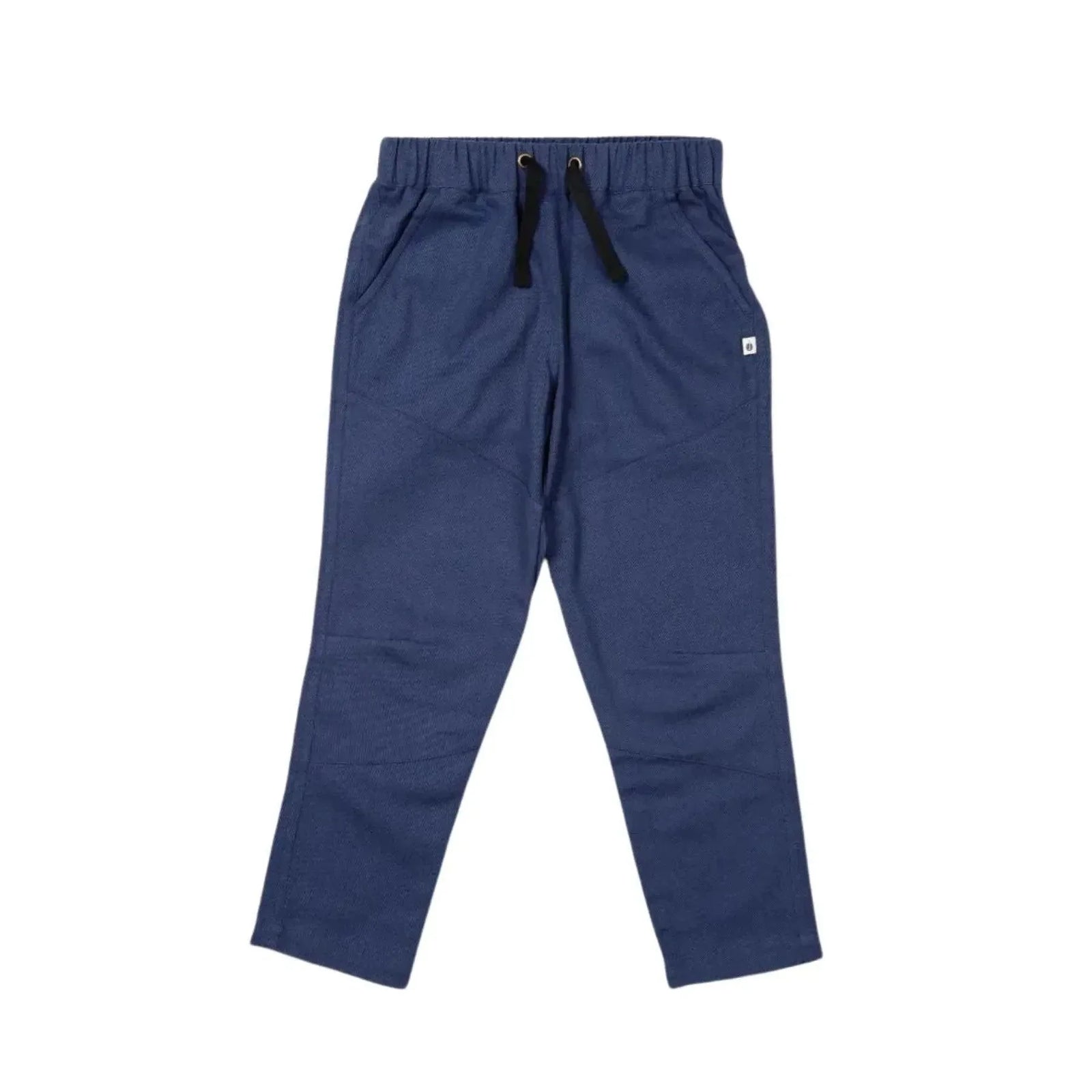 Navy blue sustainable kids pants with drawstring waist by Jackalo, laid flat on white background