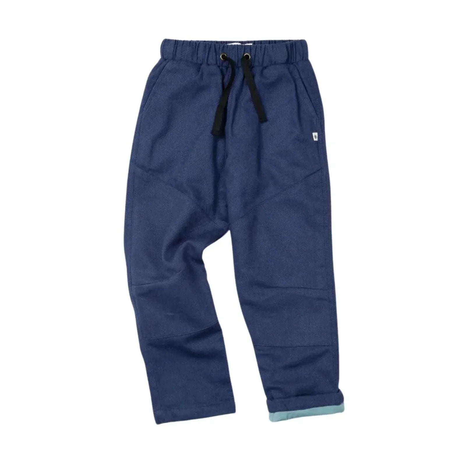 Sustainable blue kids pants with drawstring waist by Jackalo, America's circular kids clothing brand