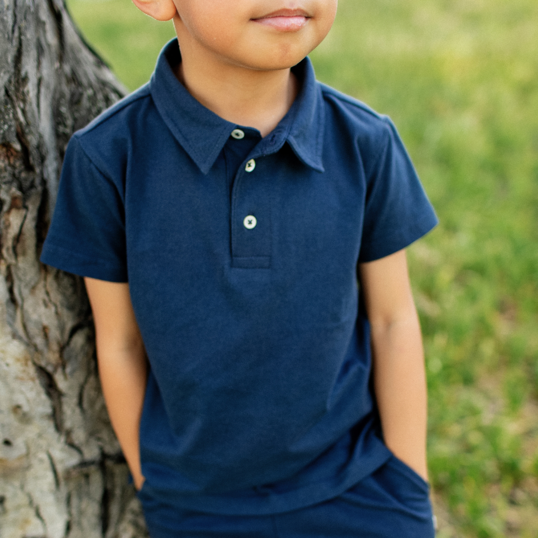 Organic navy blue jersey polo