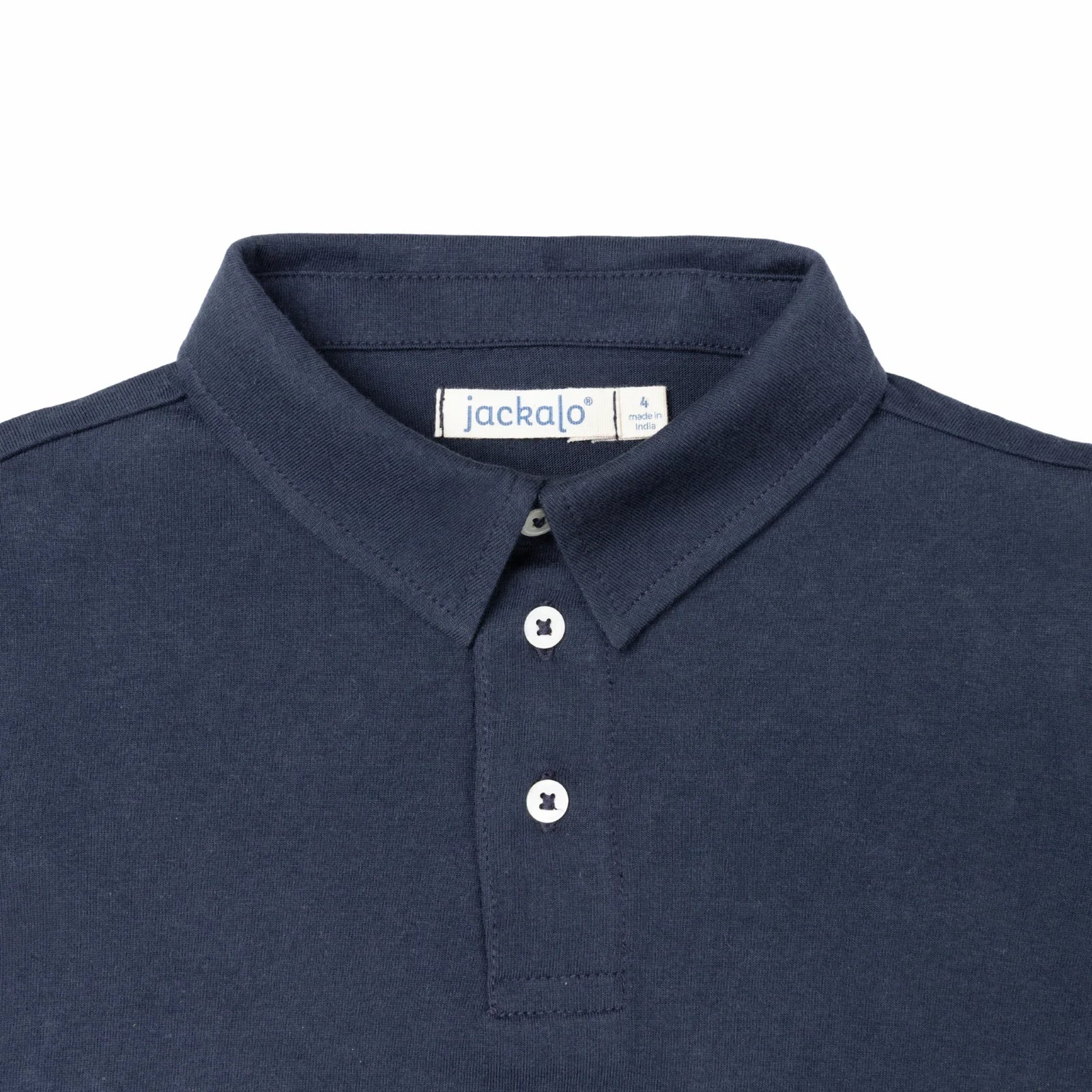 Navy kids polo shirt with Jackalo label, sustainable activewear for children