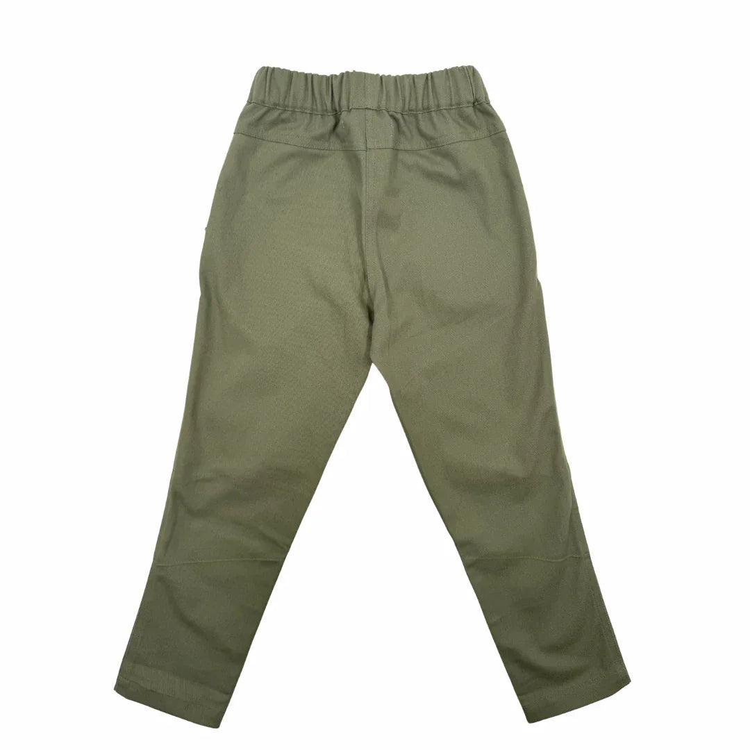 Rear view of Faded Olive GOTS organic cotton twill pants from Jakcalo