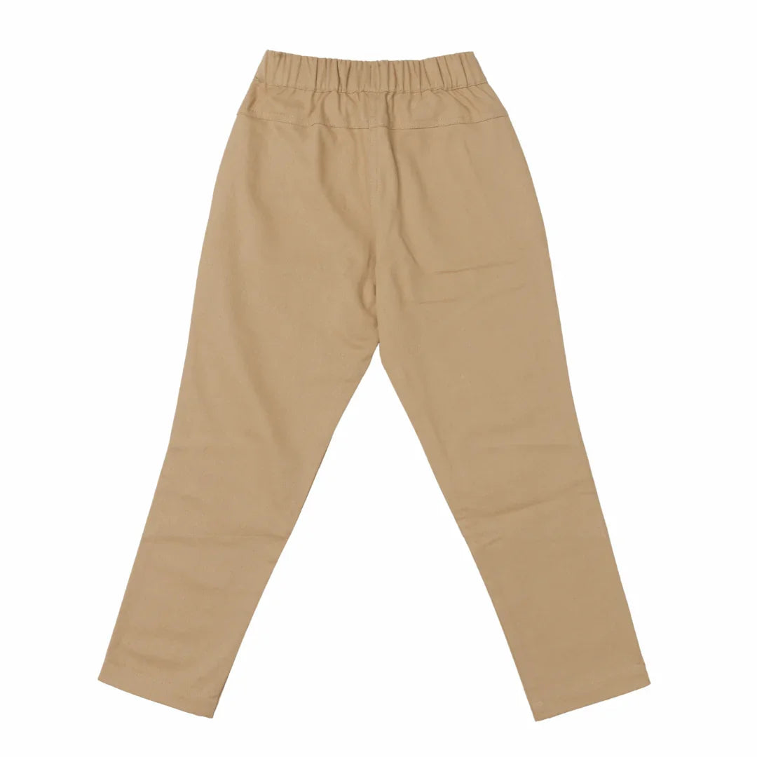 Rear view of Jackalo organic cotton twill khaki kids pants with elastic waistband, sustainable children's clothing