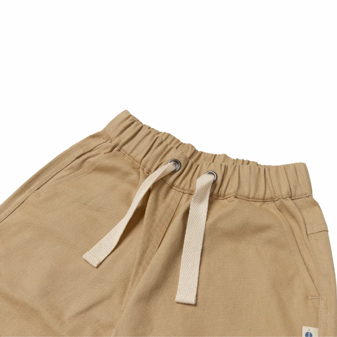 Ash khaki organic cotton twill kids pants with elastic waistband and drawstring by Jackalo