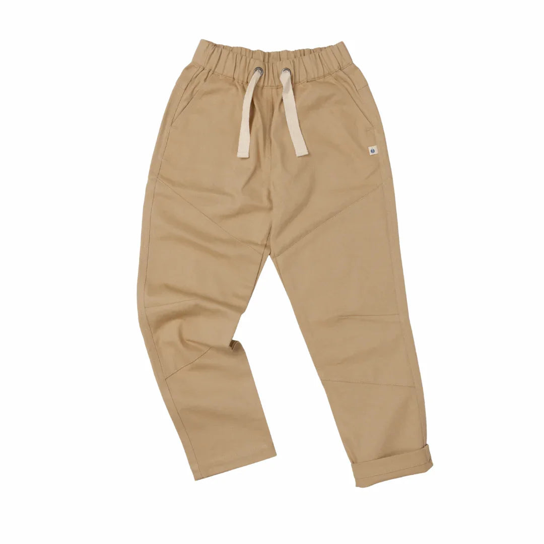 Ash khaki kids organic cotton twill jogger pants with elastic waistband and drawstring by Jackalo, sustainable clothing