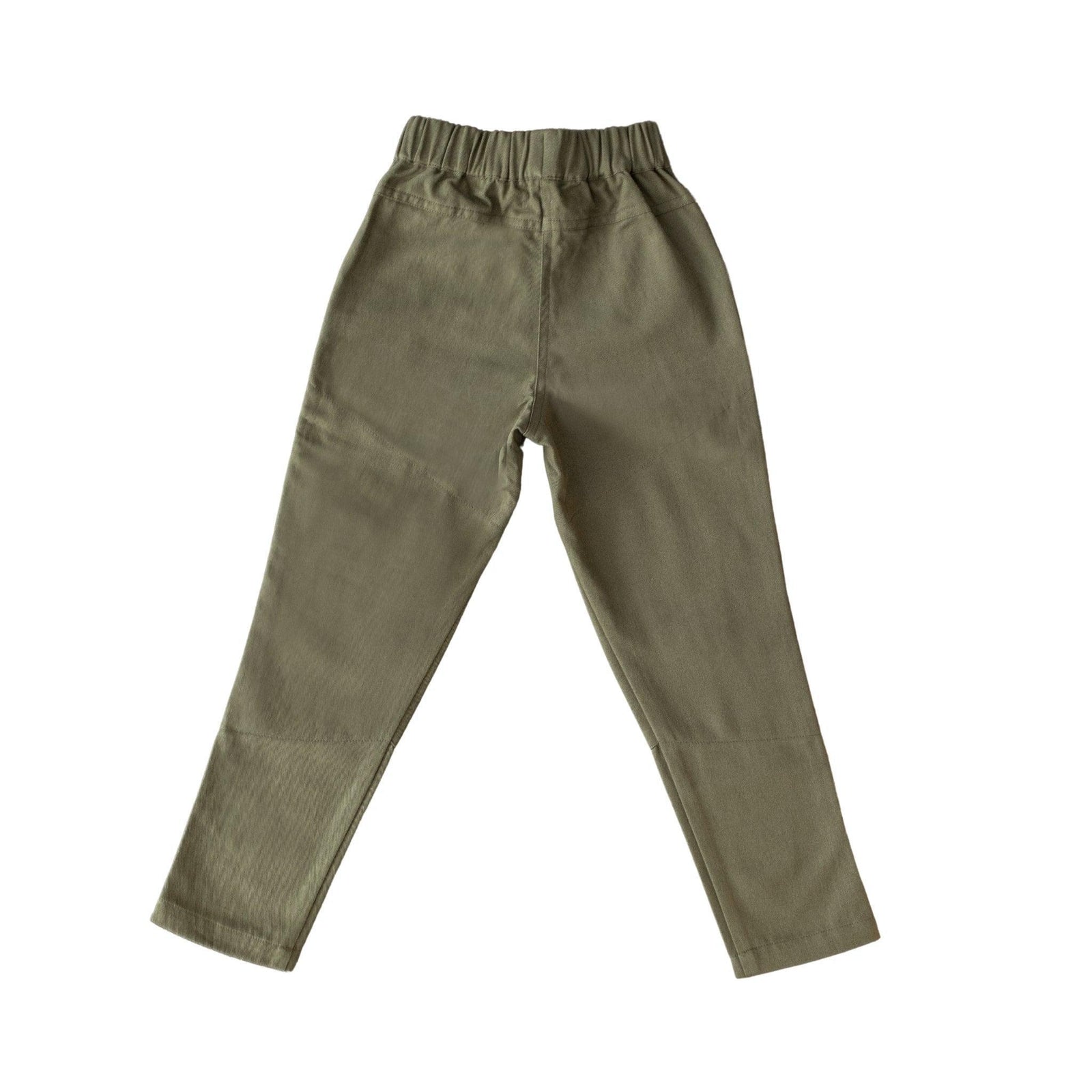 Olive green kids' pants with elastic waistband, sustainable Jackalo children's clothing