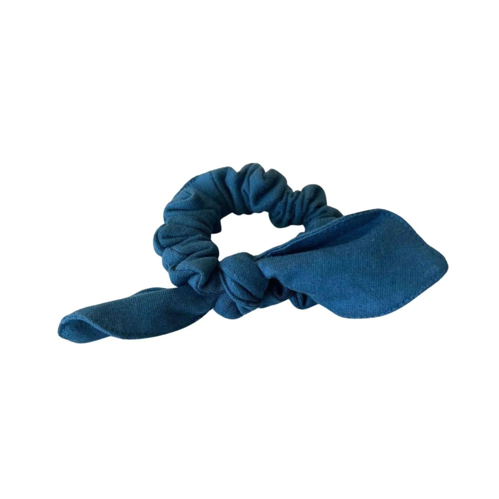 Blue bow scrunchie hair accessory by Jackalo, sustainable kids accessory on white background