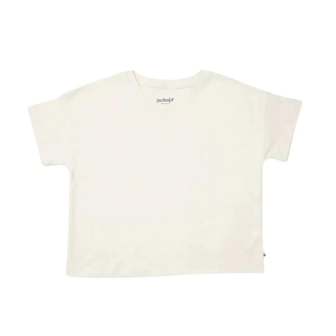 Jackalo adult unisex plain white t-shirt, sustainable cotton, laid flat on white background