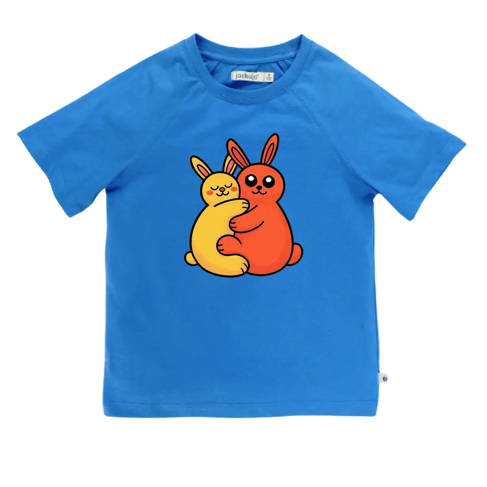 Bright blue Jackalo kids tee with hugging cartoon yellow and orange bunnies graphic