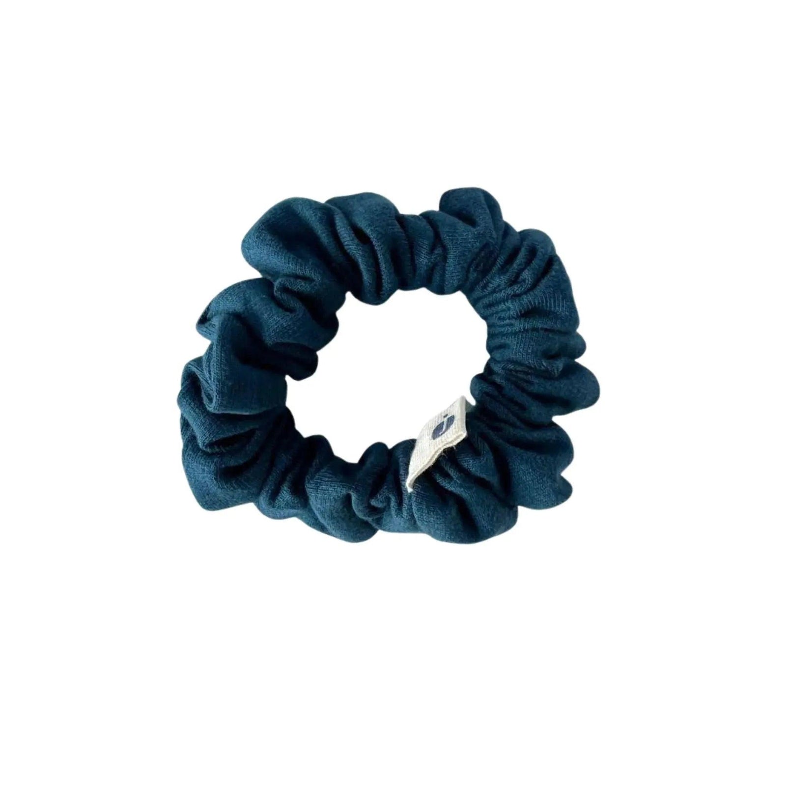 Classic blue scrunchie by Jackalo, soft sustainable kids hair accessory on white background