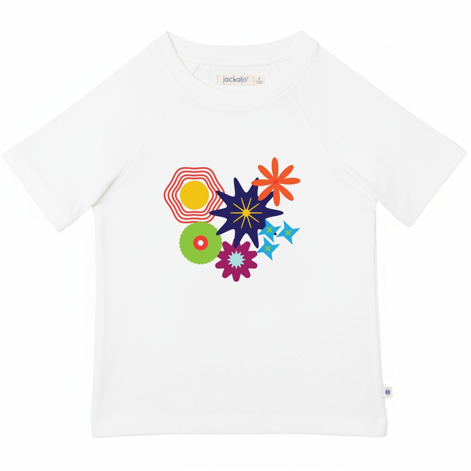 White t-shirt with colorful flower designs on a white background