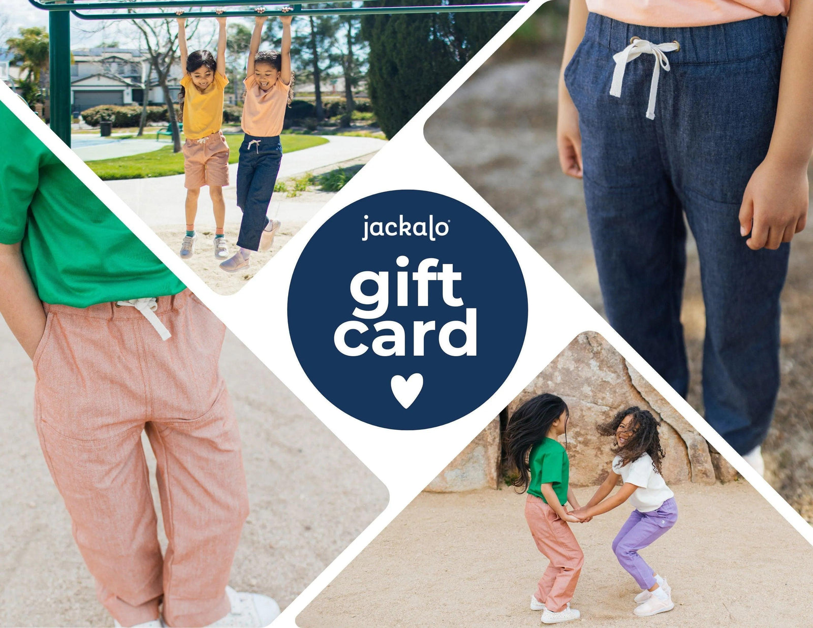Jackalo digital gift card with kids wearing sustainable, comfortable pants and playing outdoors.