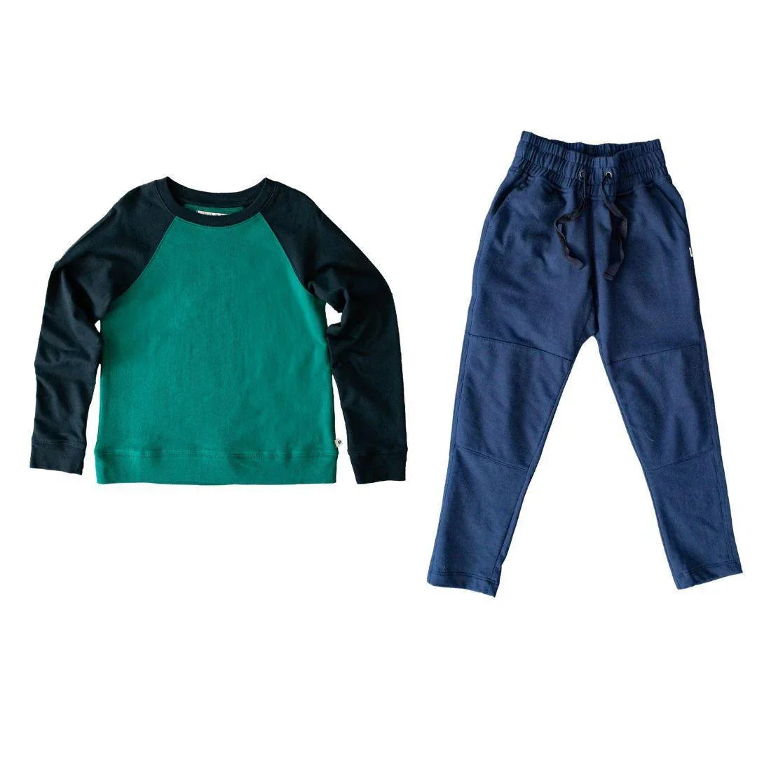 Jackalo kids green raglan sweatshirt and navy sweatpants set, sustainable children's clothing