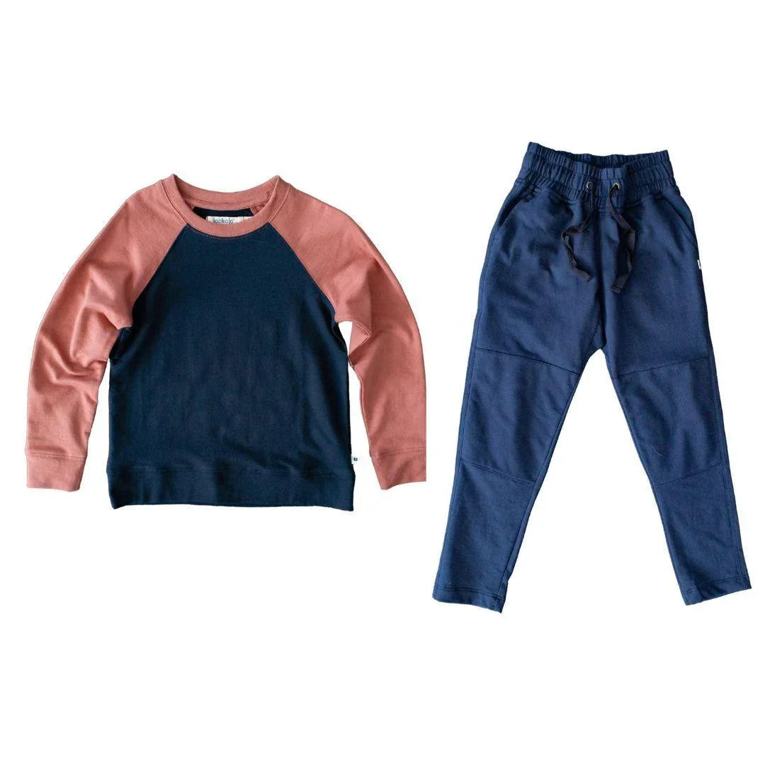 Kids' navy jogger sweatpants and rose/navy raglan sweatshirt set by Jackalo