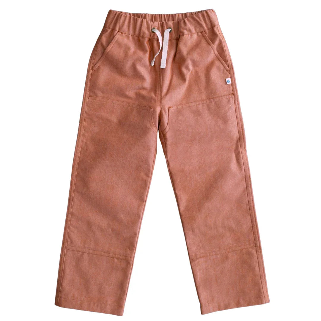 Rust chambray kids pants with drawstring waist, sustainable clothing by Jackalo