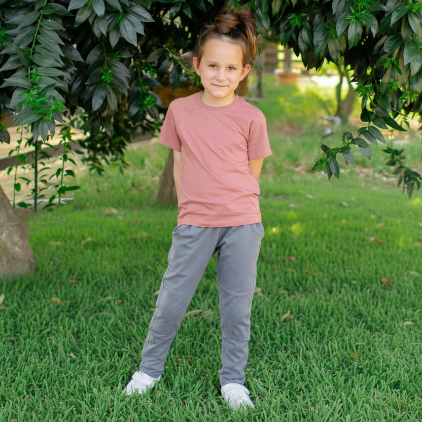 Child in organic gray sweatpants with reinforced knees.