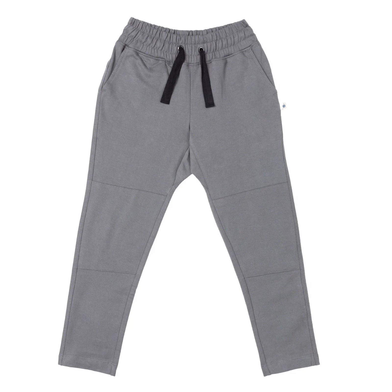 Gray kids jogger pants with black drawstring, sustainable clothing by Jackalo