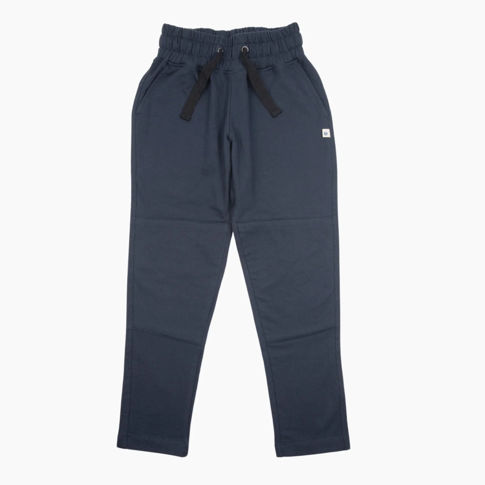 Navy blue kids jogger pants with elastic waistband and drawstring from Jackalo