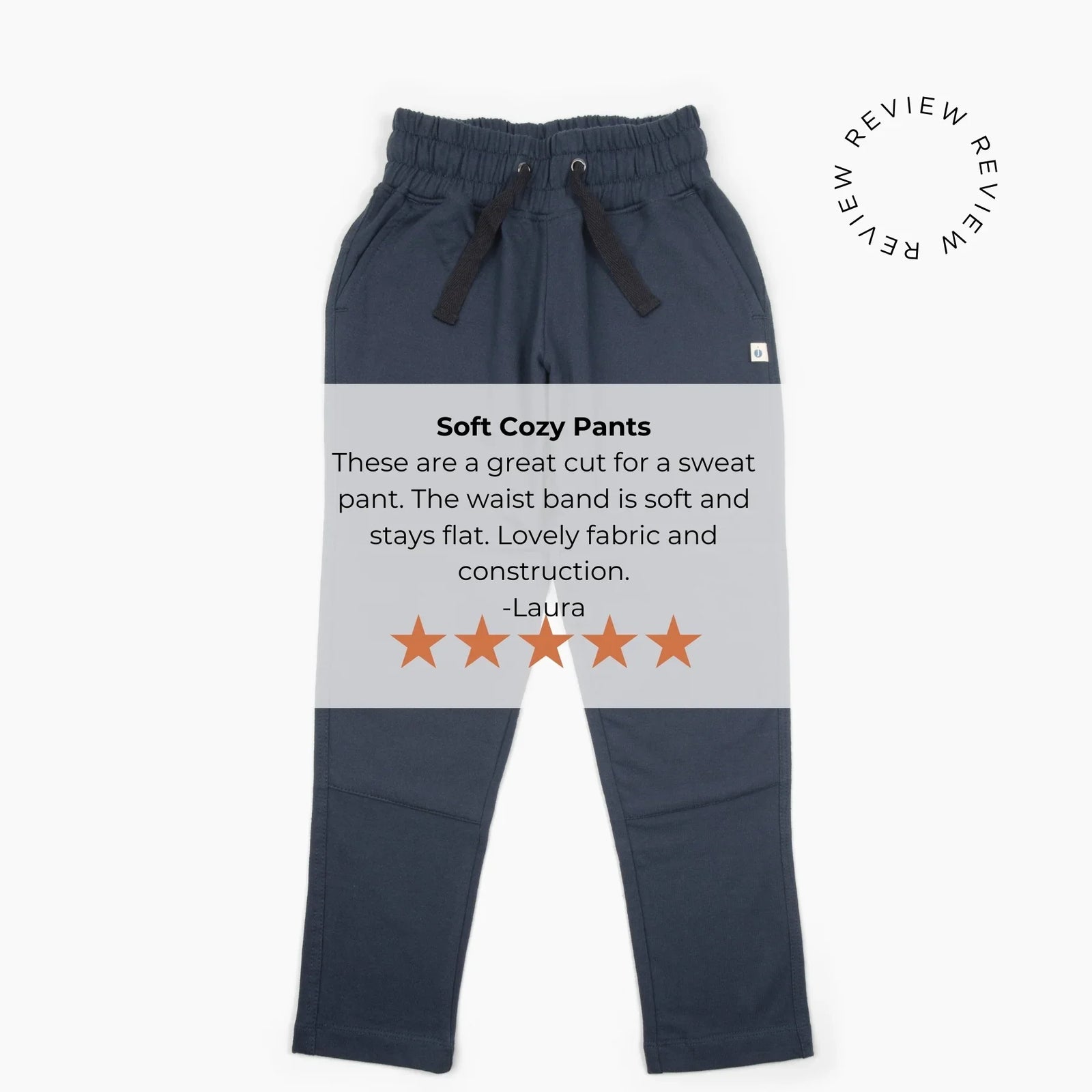 Jackalo kids soft cozy pants in navy with five-star customer review overlay, sustainable clothing