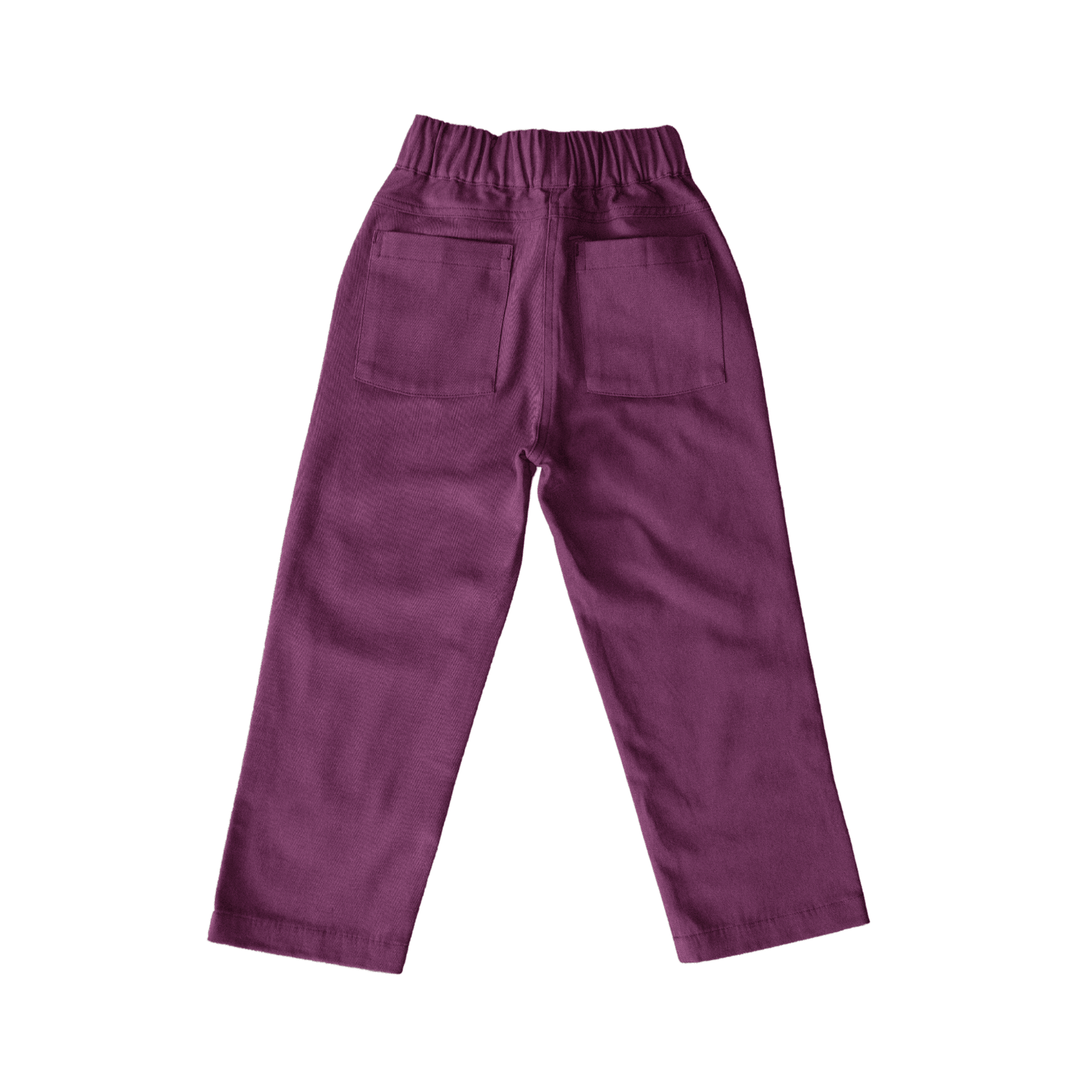 Back view of Jackalo kids plum pants with elastic waistband and two rear pockets
