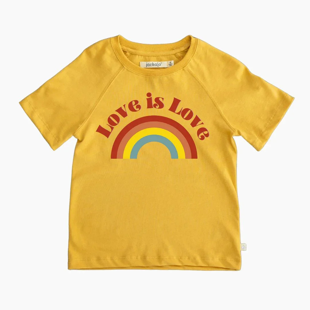Yellow Jackalo kids t-shirt with 'Love is Love' and rainbow graphic, sustainable clothing