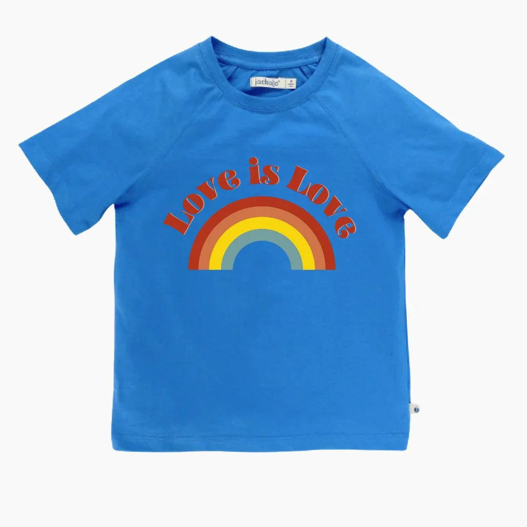 Blue Jackalo kids t-shirt with 'Love is Love' and rainbow graphic, sustainable clothing