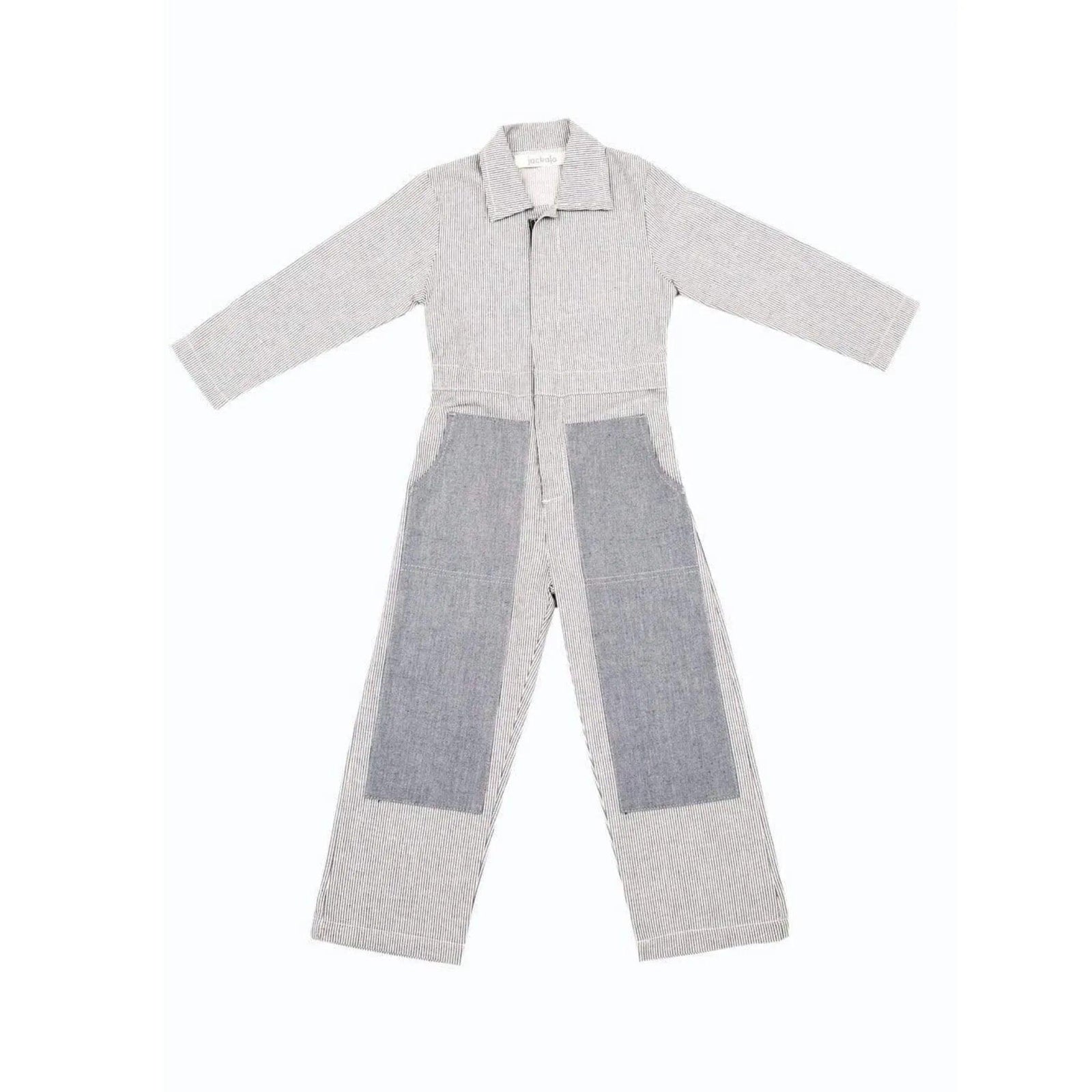 Striped kids coveralls with large grey knee patches by Jackalo, sustainable activewear