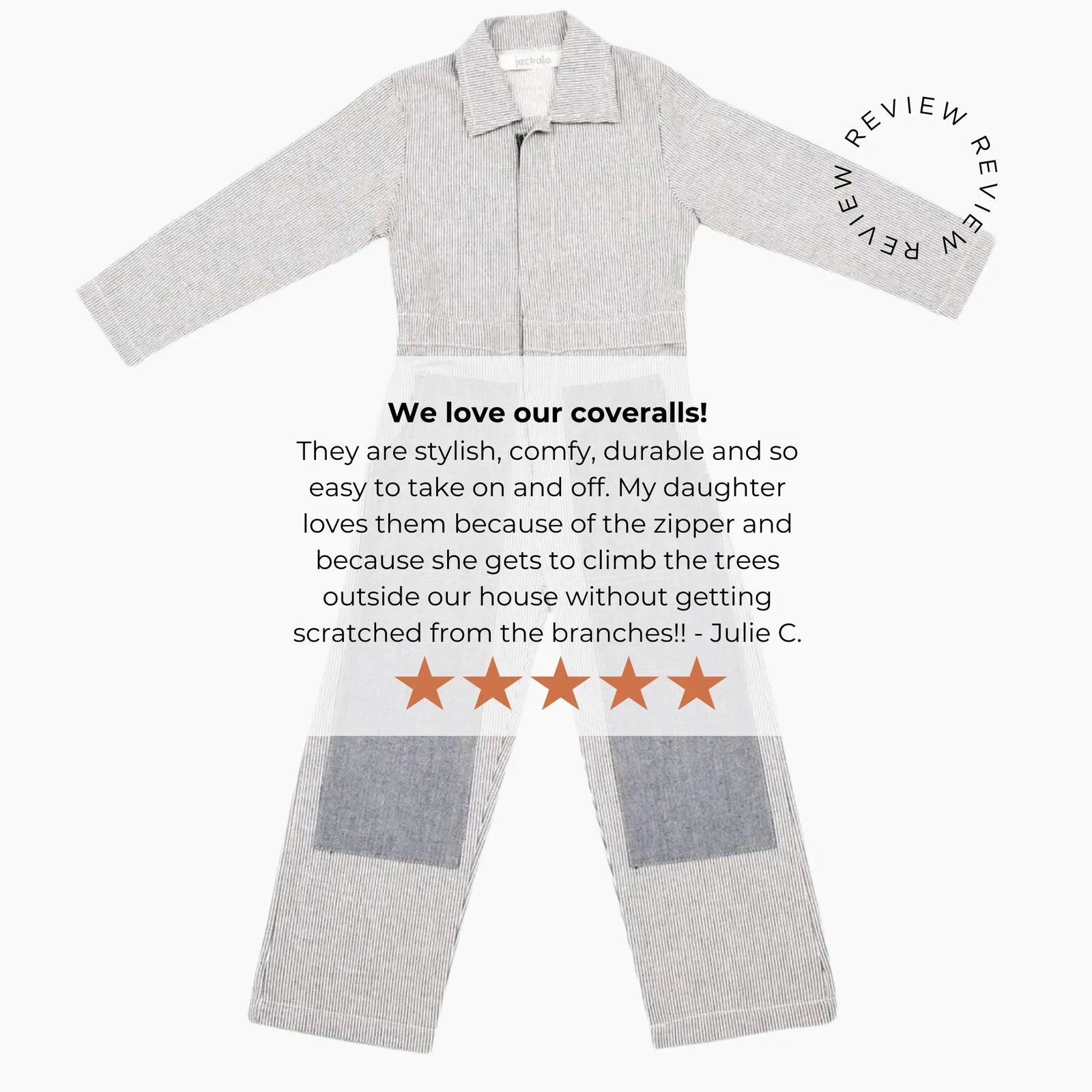 Kids' striped coveralls with review text and five-star rating for Jackalo sustainable clothing.