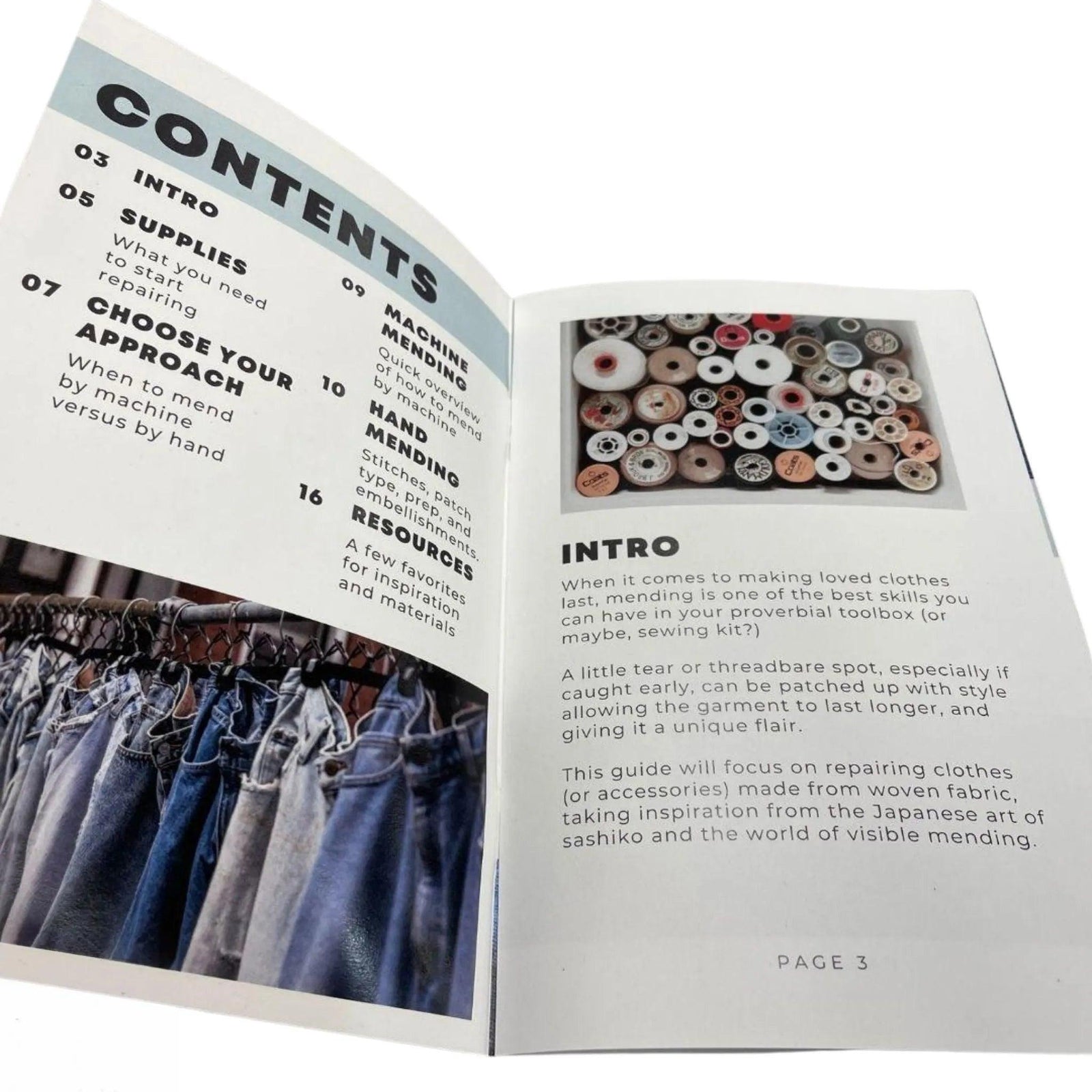 Open Jackalo kids clothing repair guide showing mending tips, supply list, jeans, and buttons.