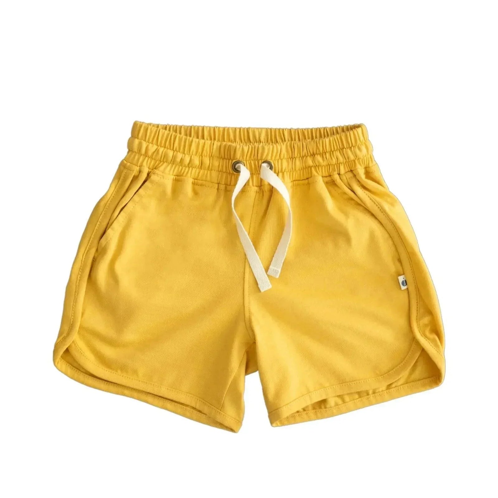 Yellow kids' shorts with drawstring waist, sustainable activewear by Jackalo