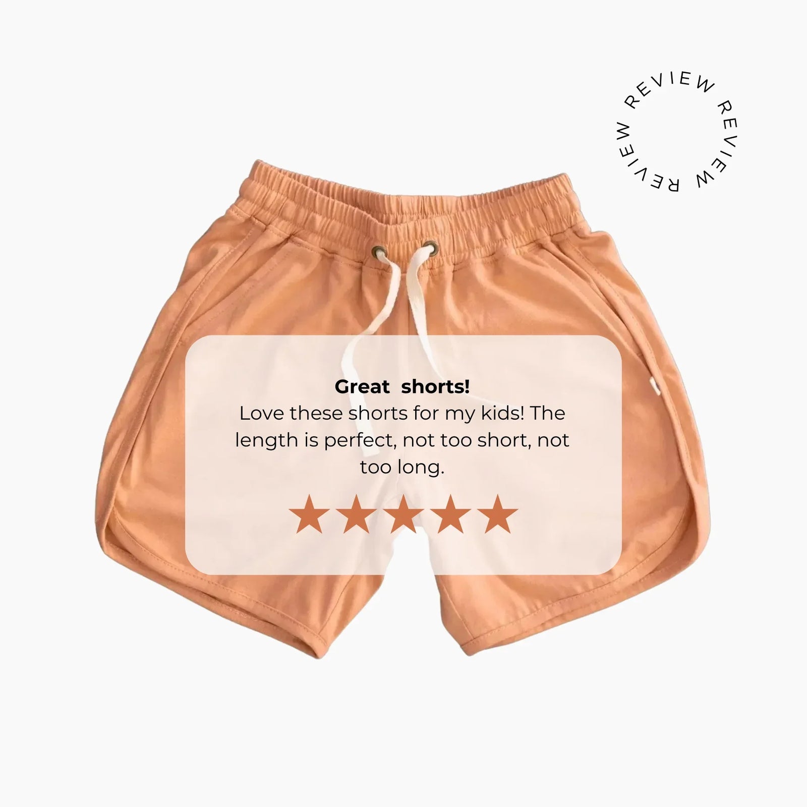 Peach Jackalo kids shorts with drawstring, five-star review overlay, sustainable clothing