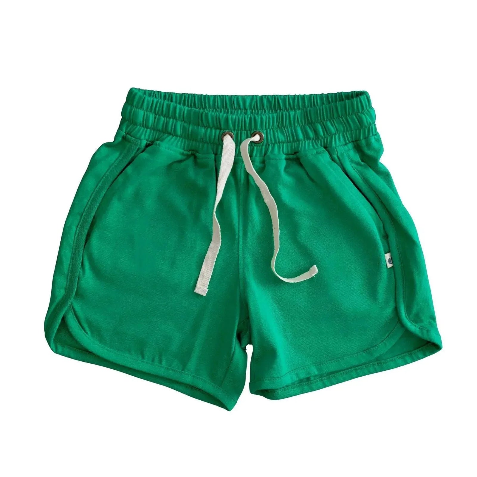 Green kids' shorts with white drawstring, sustainable activewear by Jackalo