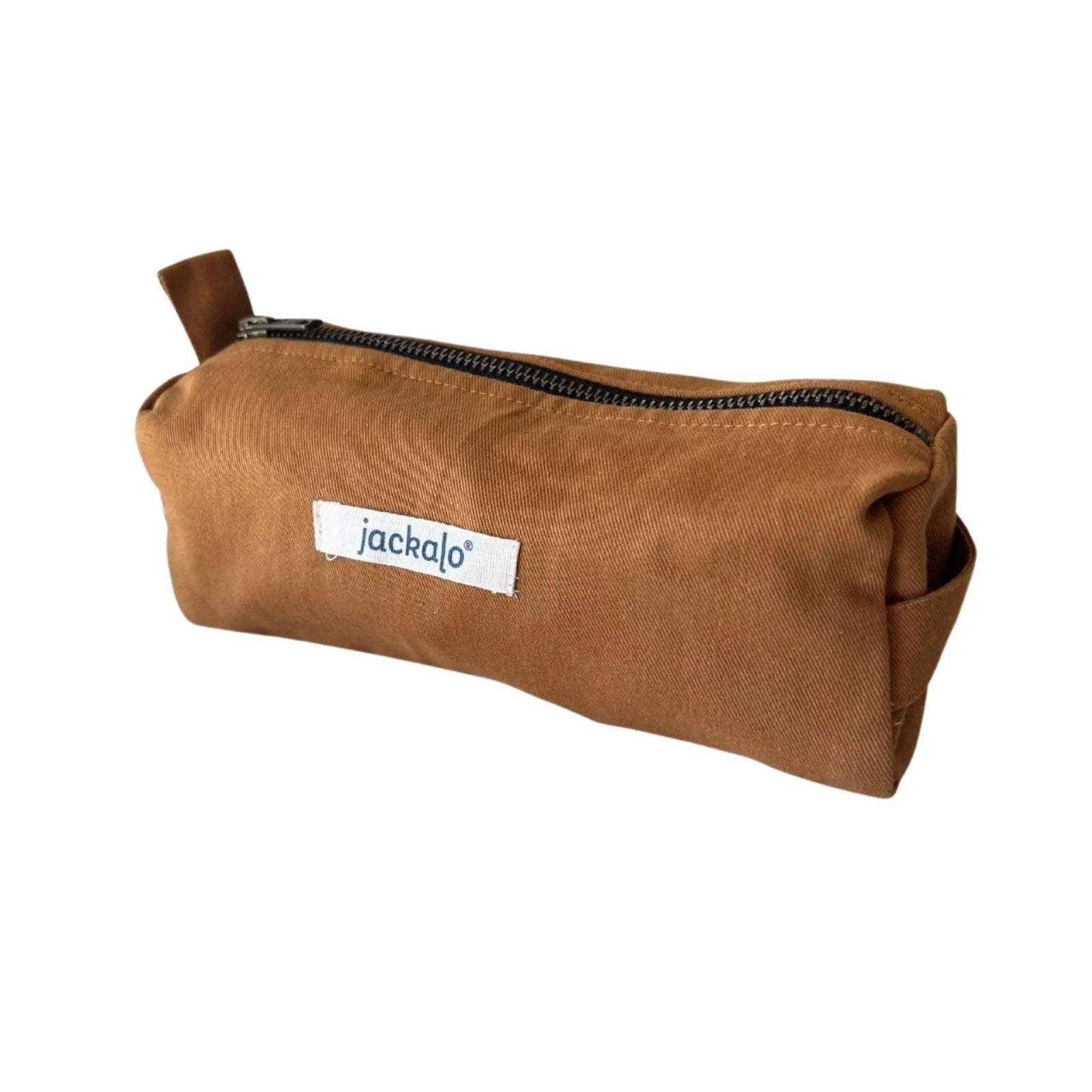 Brown Jackalo pencil pouch with zipper, sustainable kids accessory on white background