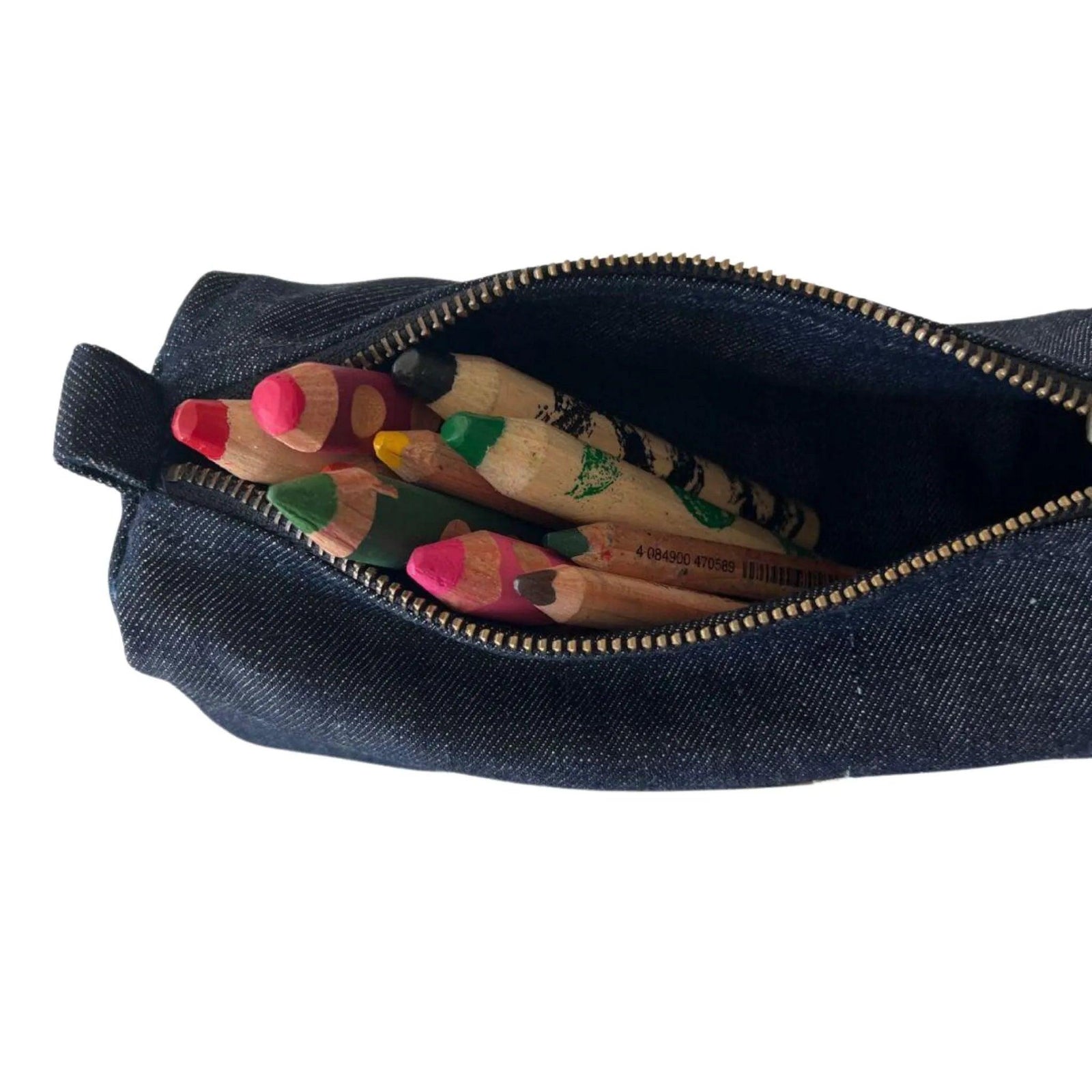 Denim pencil pouch with colorful wooden pencils inside, kids school supply by Jackalo