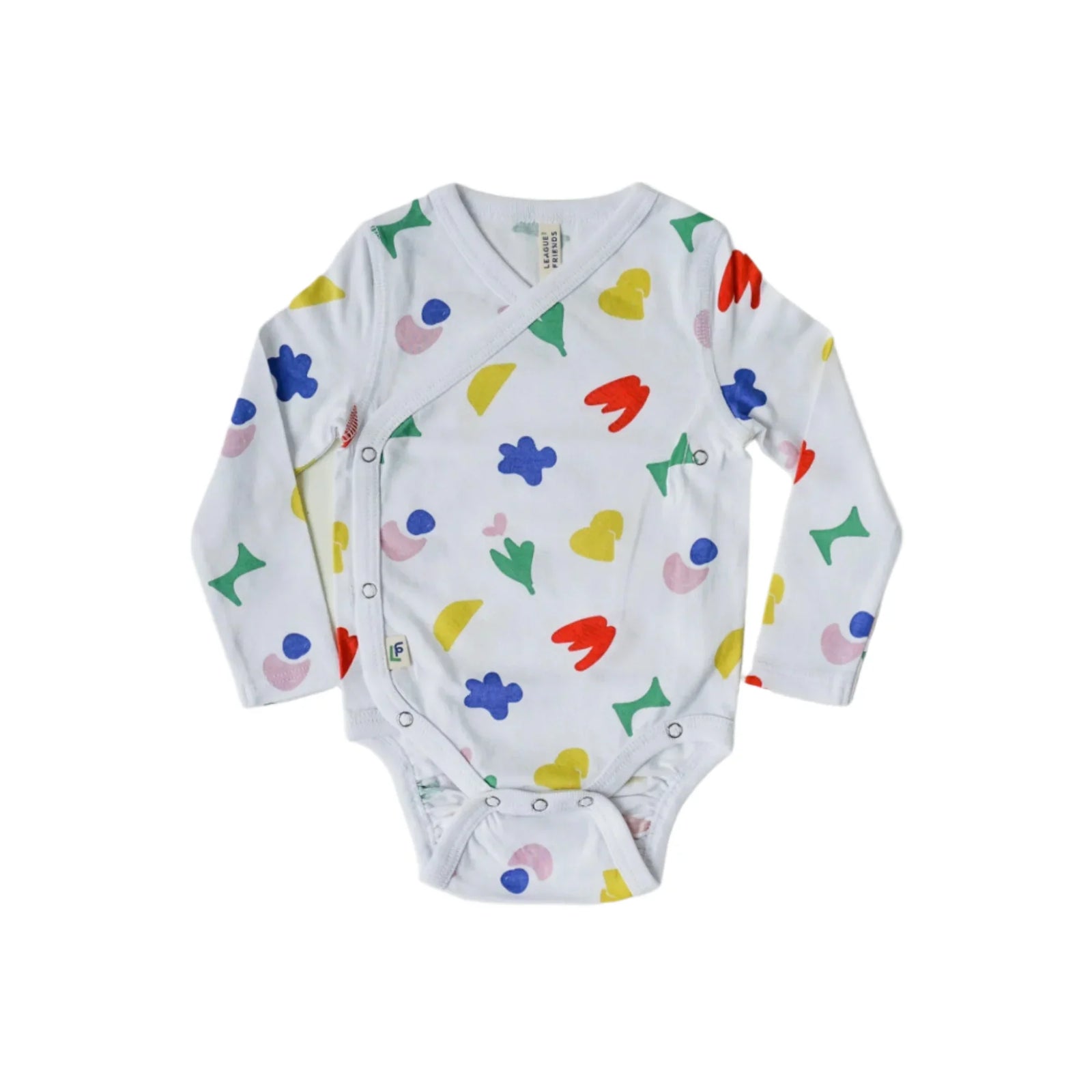 Long-sleeve baby bodysuit with colorful abstract prints, sustainable kids clothing by Jackalo