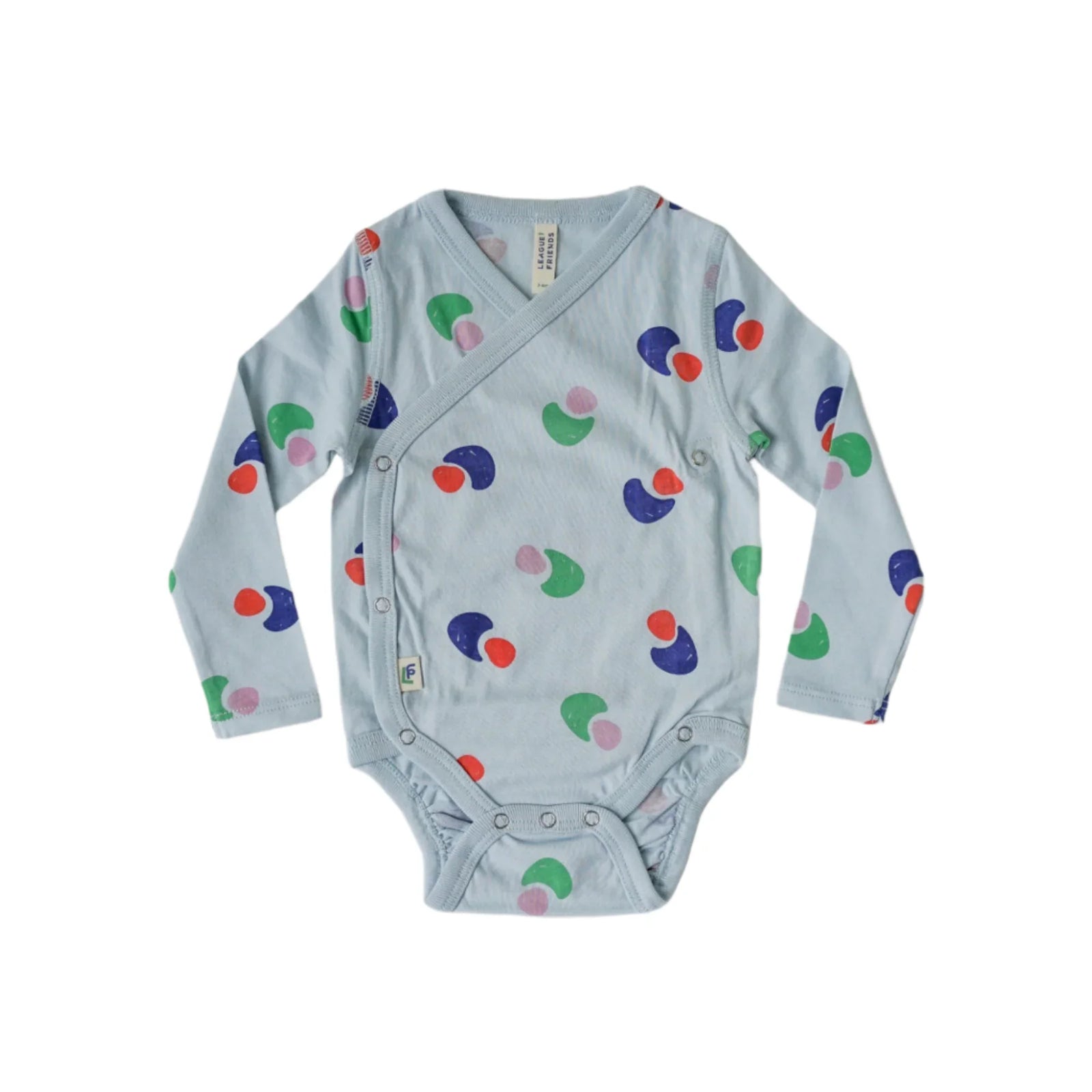 Light blue long-sleeve baby bodysuit with colorful abstract print by Jackalo