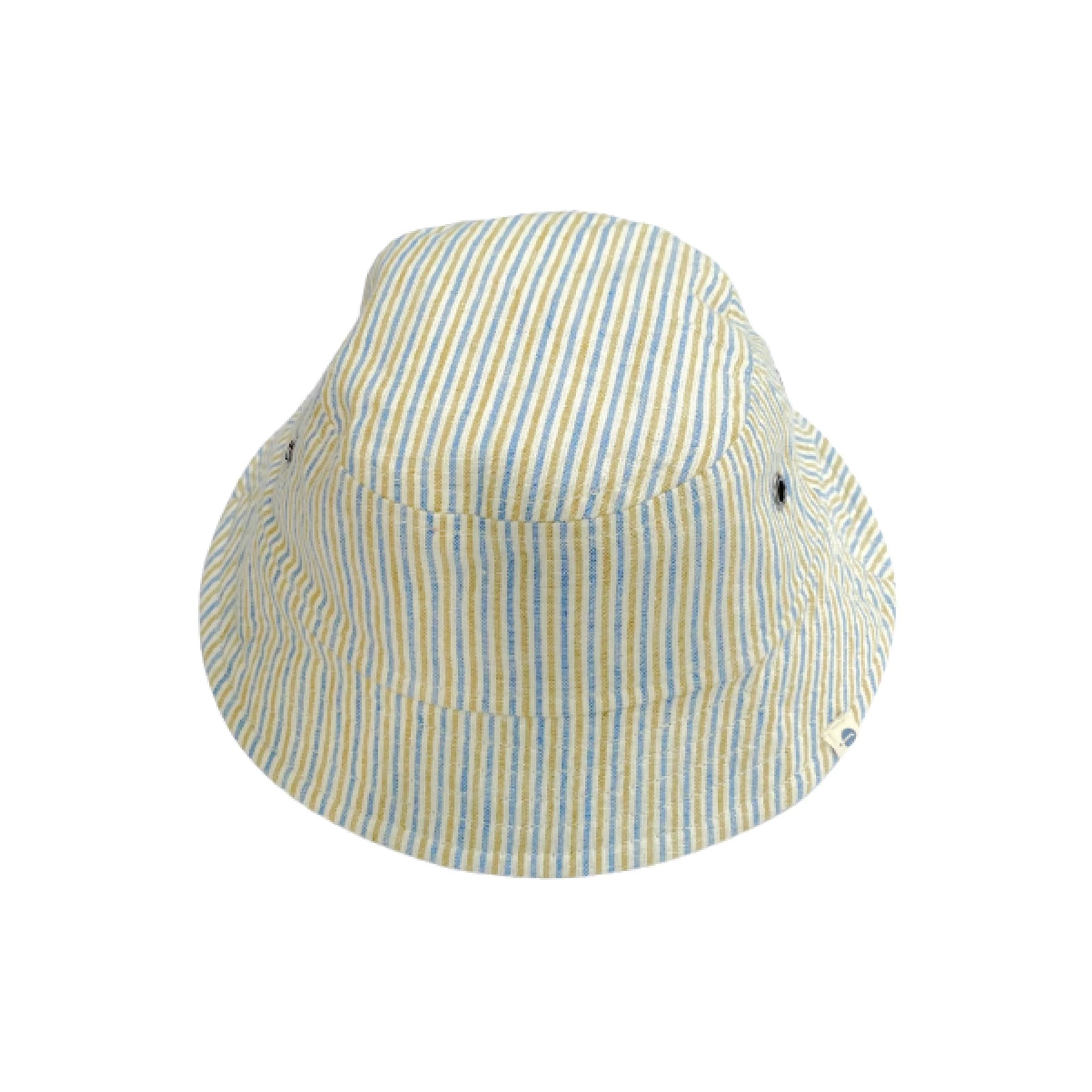 Reversible kids bucket hat with blue and yellow stripes, sustainable Jackalo clothing