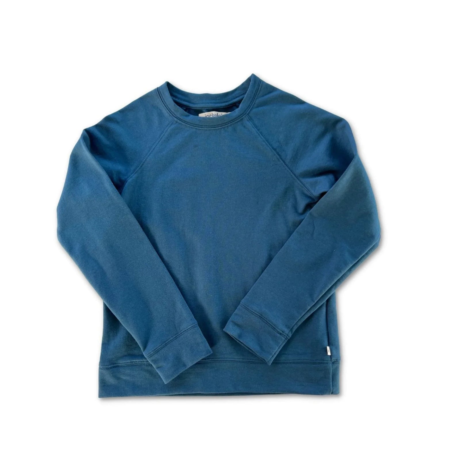 Kids' sustainable blue raglan sweatshirt by Jackalo on white background