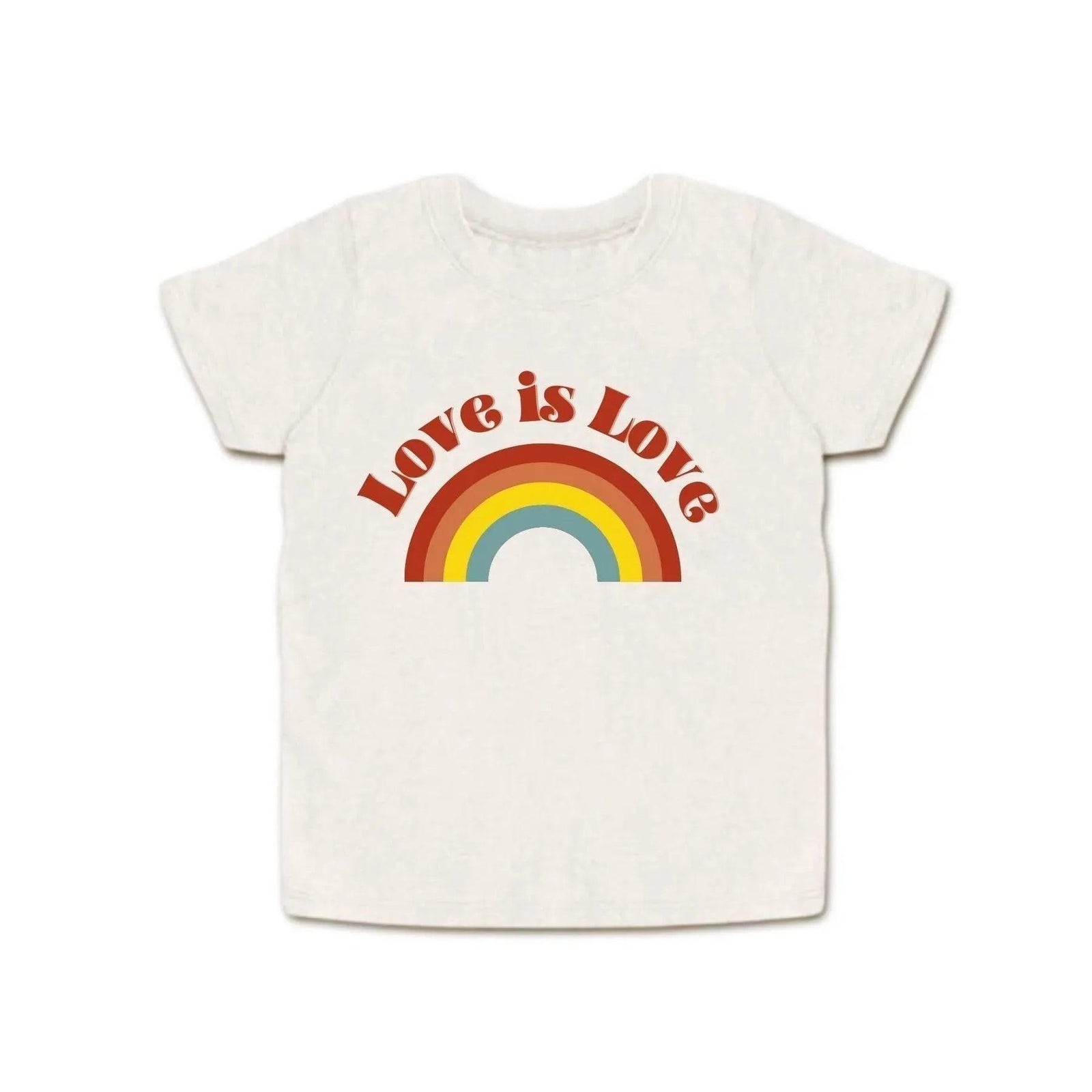 Jackalo sustainable kids tee with 'Love is Love' and rainbow graphic on white background