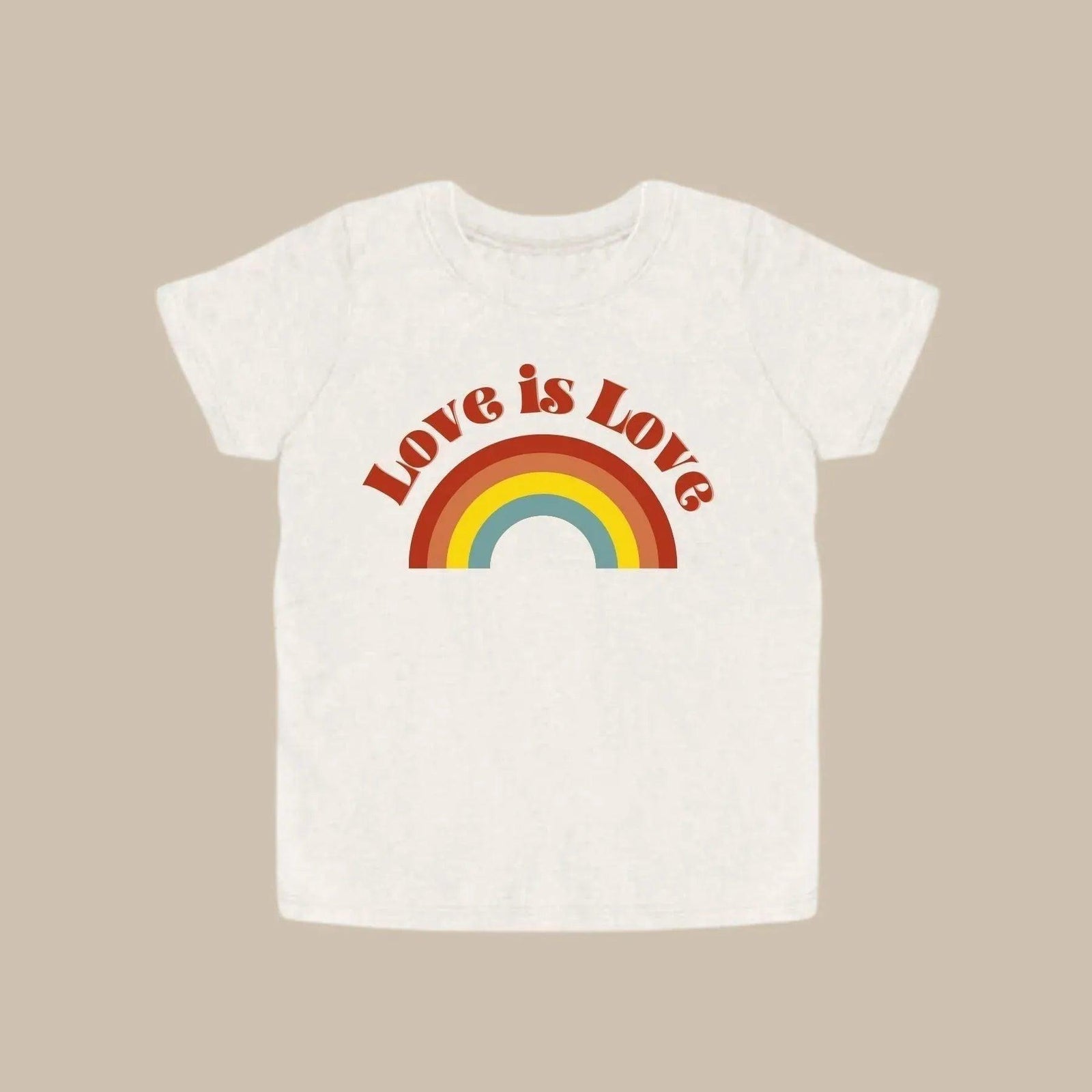 Jackalo cream tee with 'Love is Love' and retro rainbow graphic, sustainable kids clothing