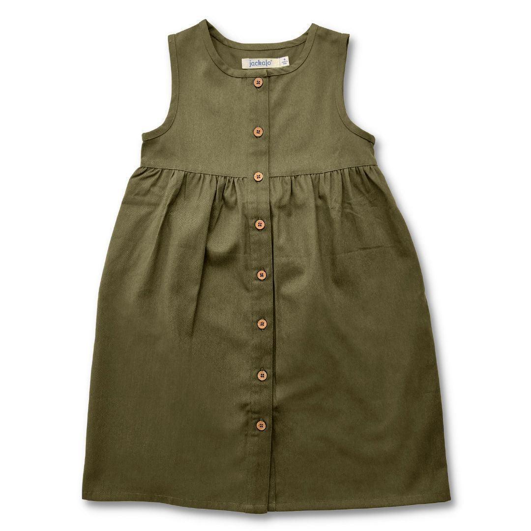 Dark olive sleeveless kids dress with front buttons, sustainable Jackalo clothing