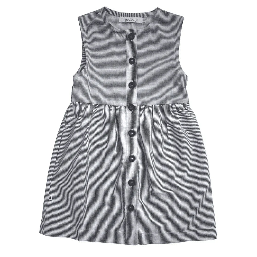 Sleeveless engineer stripe dress for kids with front buttons by Jackalo, sustainable clothing