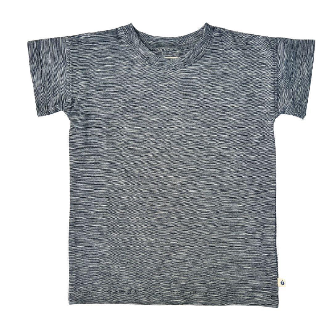 Navy space dye Brooklyn kids T-shirt by Jackalo, sustainable and soft, laid flat on white background.