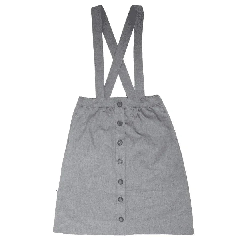 Grey kids pinafore skirt with front buttons and cross-back straps, sustainable Jackalo clothing