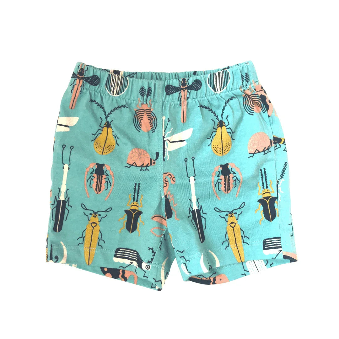 Jackalo kids shorts in blue with colorful beetle pattern, sustainable children’s clothing