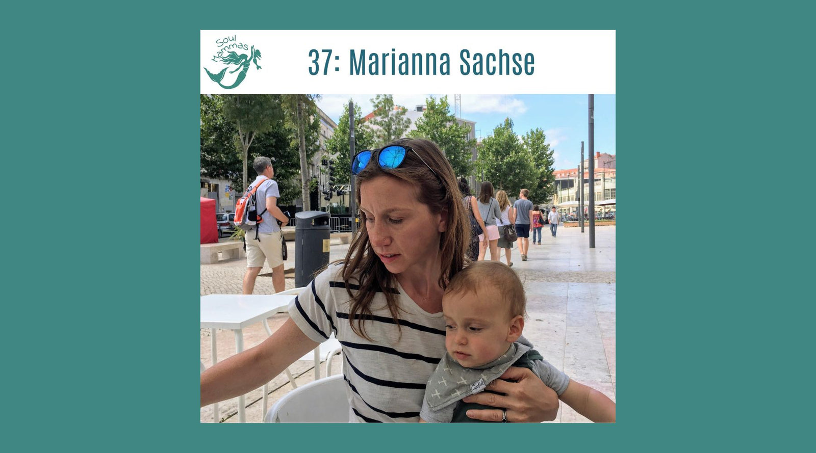 Woman in striped shirt holding baby outdoors in a park, sustainable kids clothing by Jackalo