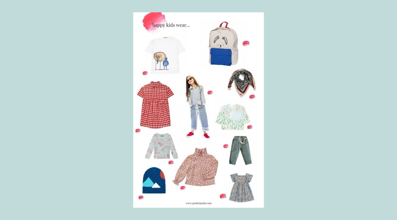 Poster displaying trendy kids' clothes and accessories including shirts, jeans, dresses, and a backpack.