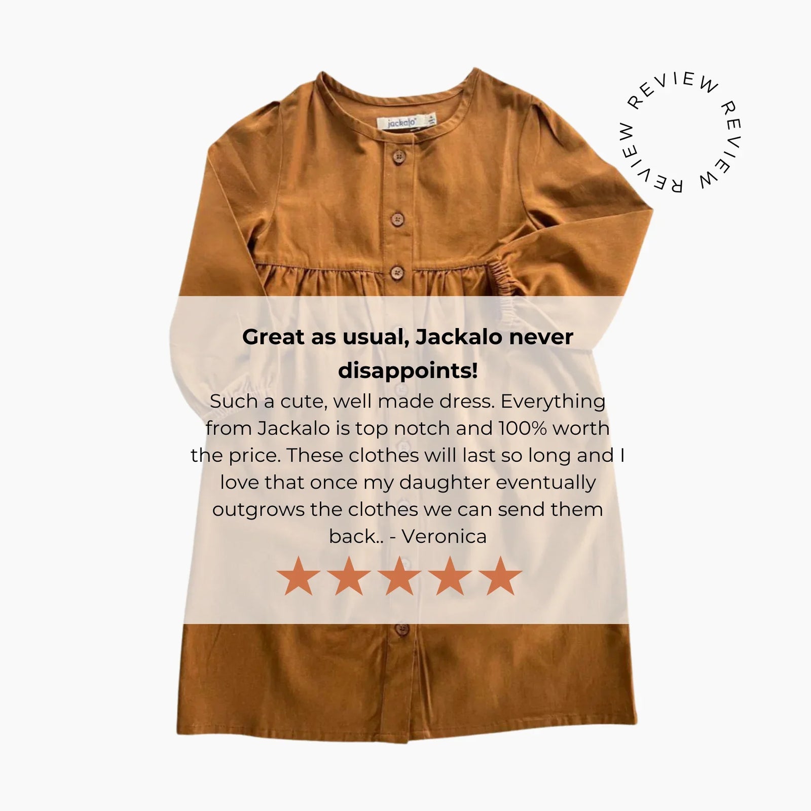 Brown Jackalo sustainable kids dress with five-star customer review overlay.