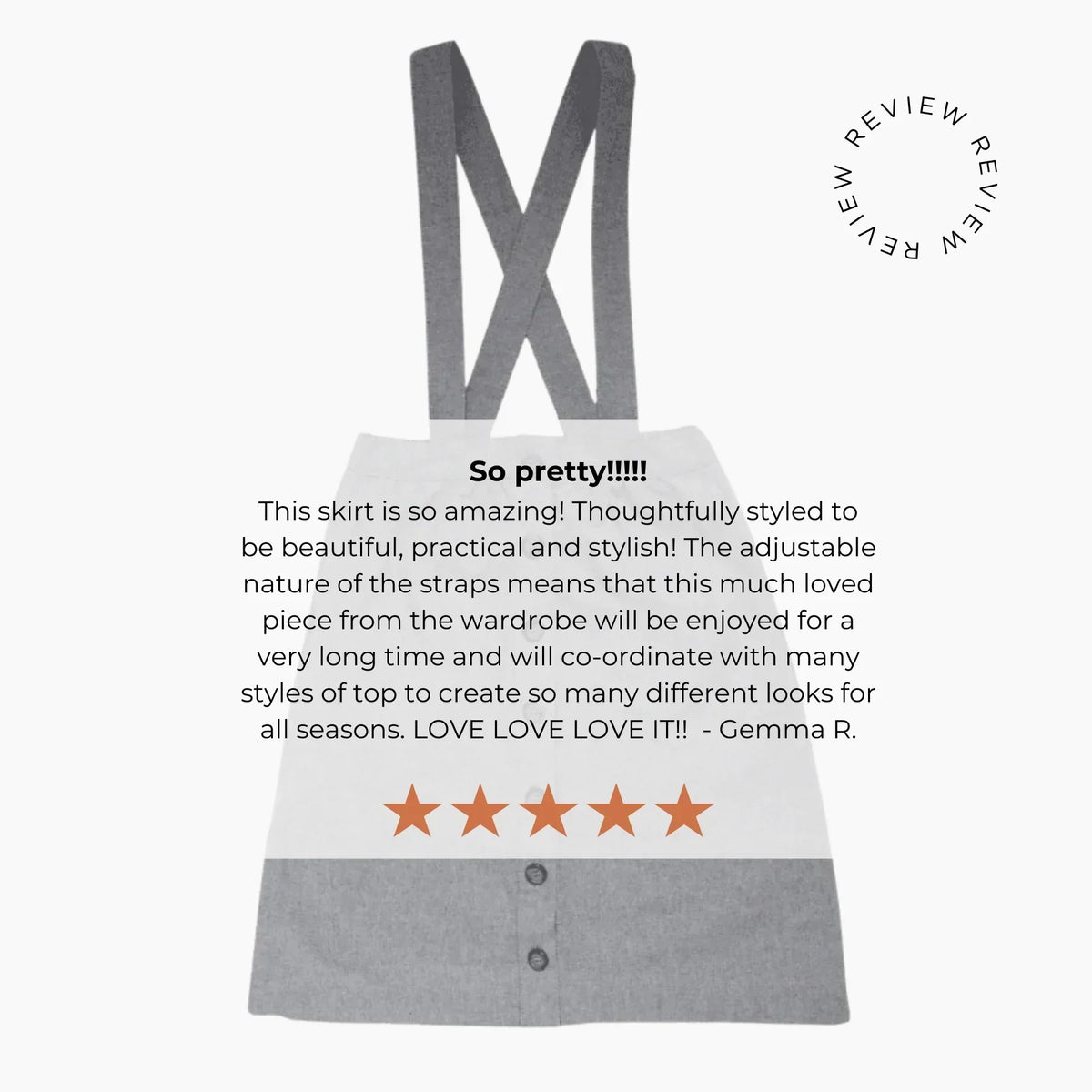 Jackalo kids sustainable skirt with cross-back straps, customer review, five-star rating