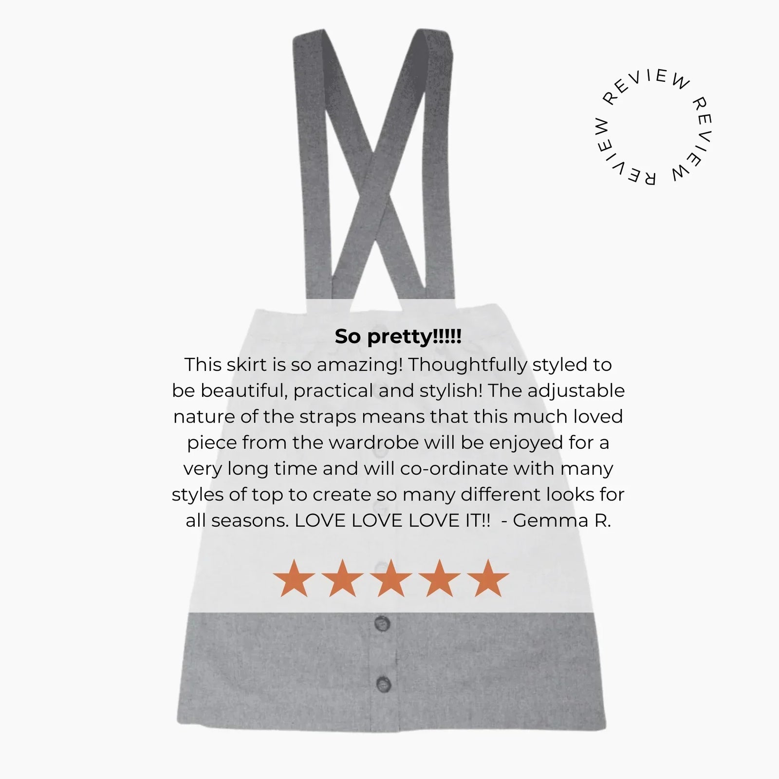 Jackalo kids sustainable skirt with cross-back straps, customer review, five-star rating